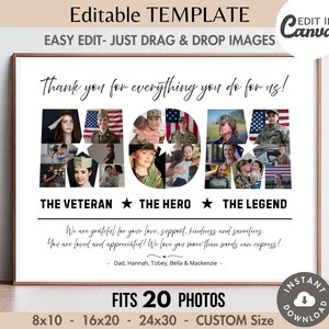 Plantilla de collage de 14 fotos para mamá militar, editable, imprimible, regalo para el Día de la Madre o cumpleaños, póster personalizado de agradecimiento a veteranos, impresión de 8 x 10 pulgadas.