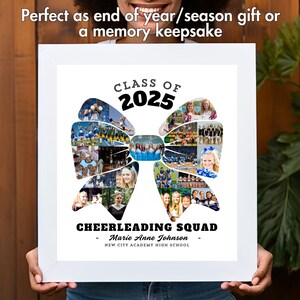 May include: A white framed photo collage of a cheerleading squad with a black bow and the text "Class of 2025" and "Cheerleading Squad" with the name "Marie Anne Johnson" and "New City Academy High School" underneath.