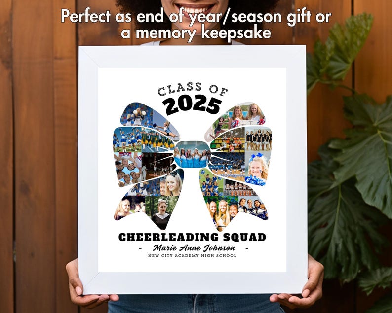 May include: A white framed photo collage of a cheerleading squad with a black bow and the text "Class of 2025" and "Cheerleading Squad" with the name "Marie Anne Johnson" and "New City Academy High School" underneath.