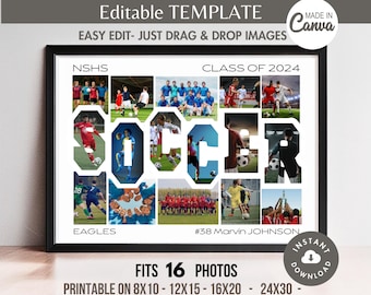 Editable 16-Photo SOCCER Word Collage TEMPLATE Printable Sports Team Poster Custom Personalized Senior Athlete/Coach Gift DIY Pic Grid 8x10