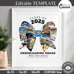 May include: A white frame with a black and white photo collage of a cheerleading squad. The photo collage is in the shape of a blue and white bow. The text "Class of 2025" and "Cheerleading Squad" is in black text on a white background.