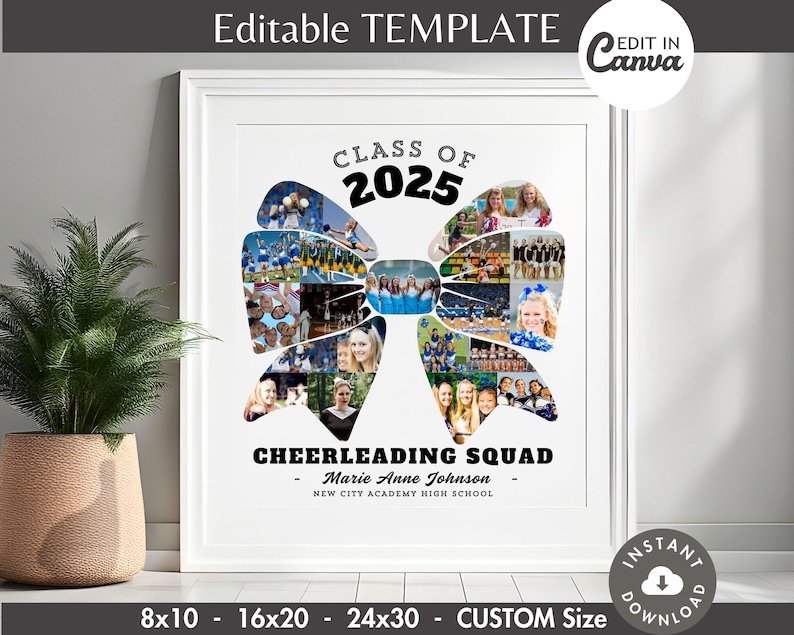 May include: A white frame containing a black and white photo collage of a cheerleading squad. The photo collage is in the shape of a blue and white bow. The text "Class of 2025" and "Cheerleading Squad" is in black text on a white background.