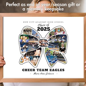 May include: A white framed photo collage of a cheerleading squad with a blue and white bow design. The text "NEW CITY ACADEMY HIGH SCHOOL Class of 2025 CHEER TEAM EAGLES - Marie Anne Johnson -" is printed below the collage.
