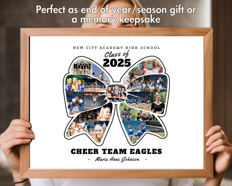 May include: A white framed photo collage of a cheerleading squad with a blue and white bow design. The text "NEW CITY ACADEMY HIGH SCHOOL Class of 2025 CHEER TEAM EAGLES - Marie Anne Johnson -" is printed below the collage.