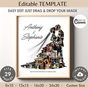 Bearbeitbare Braut / Bräutigam Foto Collage VORLAGE Personalisiertes Hochzeitsplakat DIY Benutzerdefiniertes Paar Jahrestagsgeschenk für Frau / Mann oder Brautpaar