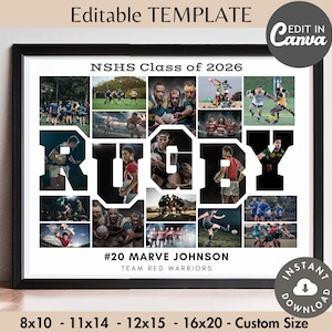 May include: Black framed rugby team photo collage with the text "NSHS Class of 2026" and "RUGBY". The collage includes action shots of rugby players. The bottom of the frame has the text "#20 MARVE JOHNSON TEAM RED WARRIORS".