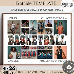 Plantilla de collage de baloncesto de 26 fotos editables Canva, póster de equipo deportivo, pancarta, letrero, diseño personalizado, letras personalizables, imagen de cuadrícula