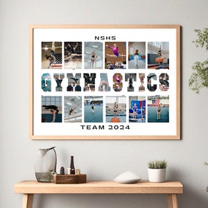 Może przedstawiać: Kolaż zdjęć zespołu gimnastycznego, z napisem "GYMNASTICS" napisanym dużymi literami przy użyciu zdjęć. Nazwa zespołu "NSHS TEAM 2024" jest wydrukowana pod kolażem.