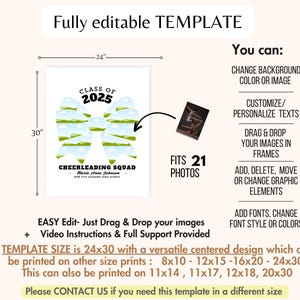 May include: A printable template for a cheerleading squad photo collage. The template features a green and blue bow with the text "Class of 2025" and "Cheerleading Squad". The template is 61 cm by 76 cm and can fit 21 photos.