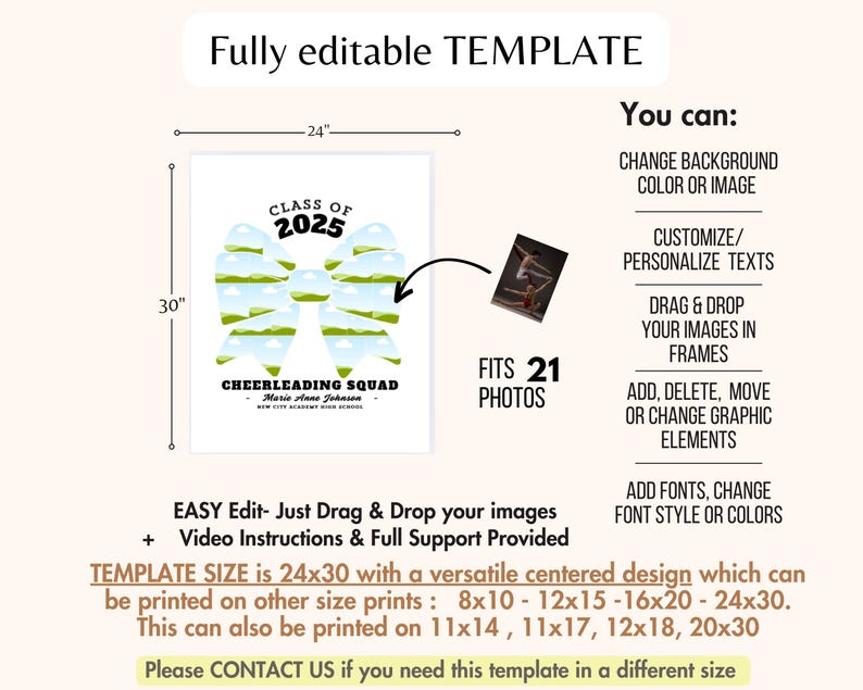 May include: A printable template for a cheerleading squad photo collage. The template features a green and blue bow with the text "Class of 2025" and "Cheerleading Squad". The template is 61 cm by 76 cm and can fit 21 photos.