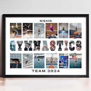 Może przedstawiać: Biały plakat w ramie z czarno-białym kolażem zdjęć zespołu gimnastycznego. Kolaż jest ułożony w kształt słowa "GYMNASTICS". Plakat zawiera r&oacute;wnież tekst "NSHS", "TEAM 2024" i nazwę zespołu.