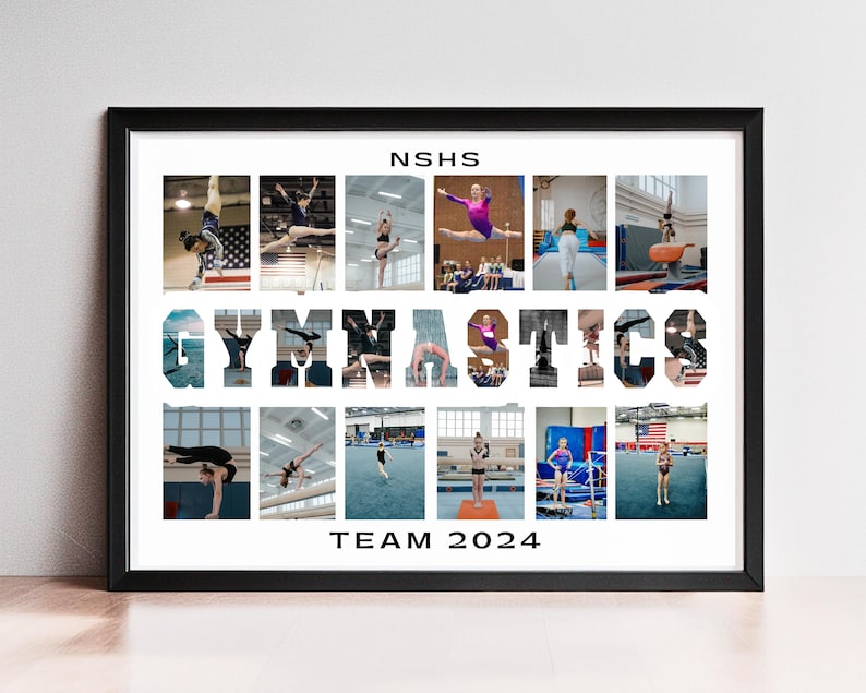 Może przedstawiać: Biały plakat w ramie z czarno-białym kolażem zdjęć zespołu gimnastycznego. Kolaż jest ułożony w kształt słowa "GYMNASTICS". Plakat zawiera r&oacute;wnież tekst "NSHS", "TEAM 2024" i nazwę zespołu.