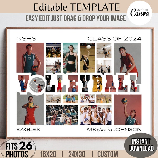 MODÈLE éditable de 26 photos de VOLLEY-BALL sur toile, modèle d'affiche d'équipe sportive, bannière, conception personnalisée, personnalisable, lettre à faire soi-même, image quadrillée