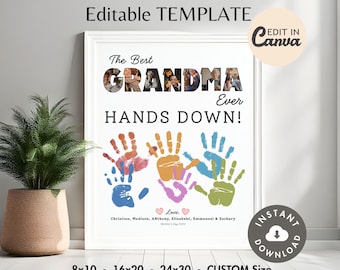 Editable Handprint Art Best GRANDMA Ever Hands Down Photo Collage TEMPLATE, Printable DIY Personalized Hand Stamp Grandmother Gift