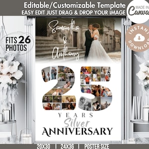 DIY 25 Years 25th Silver Wedding Anniversary NUMBER Photo COLLAGE Pic Party Poster Custom Sign Editable Customizable Canva Template 24x36