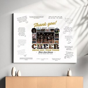 May include: A white canvas with a collage of cheerleaders in a group photo. The text "Thank you! For a great season!" is at the top of the canvas. The text "Cheer Squad 2025 - Team Tigers - Marie Anne Johnson - New Era Academy High School" is at the bottom of the canvas.