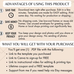 May include: A graphic with a beige background and black text outlining the advantages of using a digital product. The graphic lists three advantages: save time, save money, and keep your privacy. The graphic also lists what you will get with your purchase, including a PDF file, a link to the template, a link to Canva, a link to an instructional video, a lifetime coupon, and support via Etsy messages.
