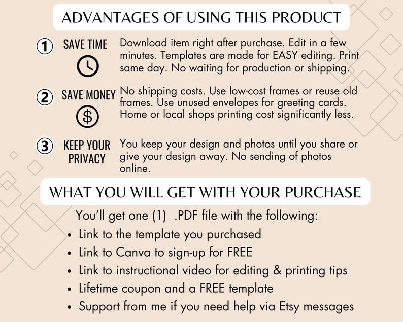 May include: A graphic with a beige background and black text outlining the advantages of using a digital product. The graphic lists three advantages: save time, save money, and keep your privacy. The graphic also lists what you will get with your purchase, including a PDF file, a link to the template, a link to Canva, a link to an instructional video, a lifetime coupon, and support via Etsy messages.