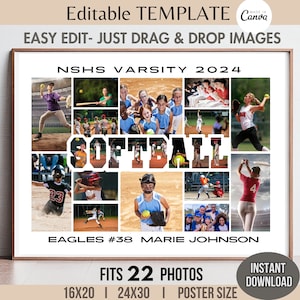 Collage de 22 fotos editables de SOFTBOL, plantilla de Canva, póster de equipo deportivo, pancarta, letrero, diseño personalizado, personalizable, letra, imagen, cuadrícula, imagen.