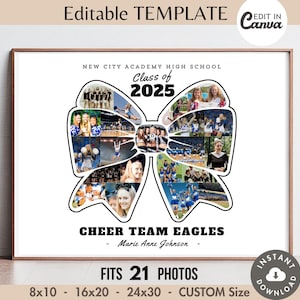 Puede incluir: Una plantilla imprimible para un collage de fotos de porristas. La plantilla presenta un lazo blanco y negro con 21 espacios para fotos. El texto "New City Academy High School Class of 2025 Cheer Team Eagles - Marie Anne Johnson -" está impreso debajo del lazo. El texto "Fits 21 Photos" está impreso debajo del texto. El texto "8x10 - 16x20 - 24x30 - Custom Size" está impreso debajo del texto.