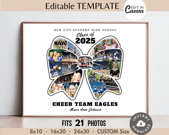 Hair Bow CHEER Photo Collage Frame Editable Canva TEMPLATE Sports Team Poster//Sign Custom Ribbon DIY Senior Cheerleader Gift Customizable