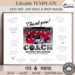 May include: A printable thank you poster for a hockey coach. The poster features a collage of photos of the coach and his team, along with handwritten messages of appreciation from the players. The text reads "Thank you!" and "Coach Anthony Wellington NSHS Hockey Team 2025".