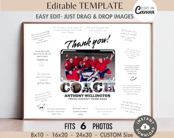 May include: A printable thank you poster for a hockey coach. The poster features a collage of photos of the coach and his team, along with handwritten messages of appreciation from the players. The text reads "Thank you!" and "Coach Anthony Wellington NSHS Hockey Team 2025".