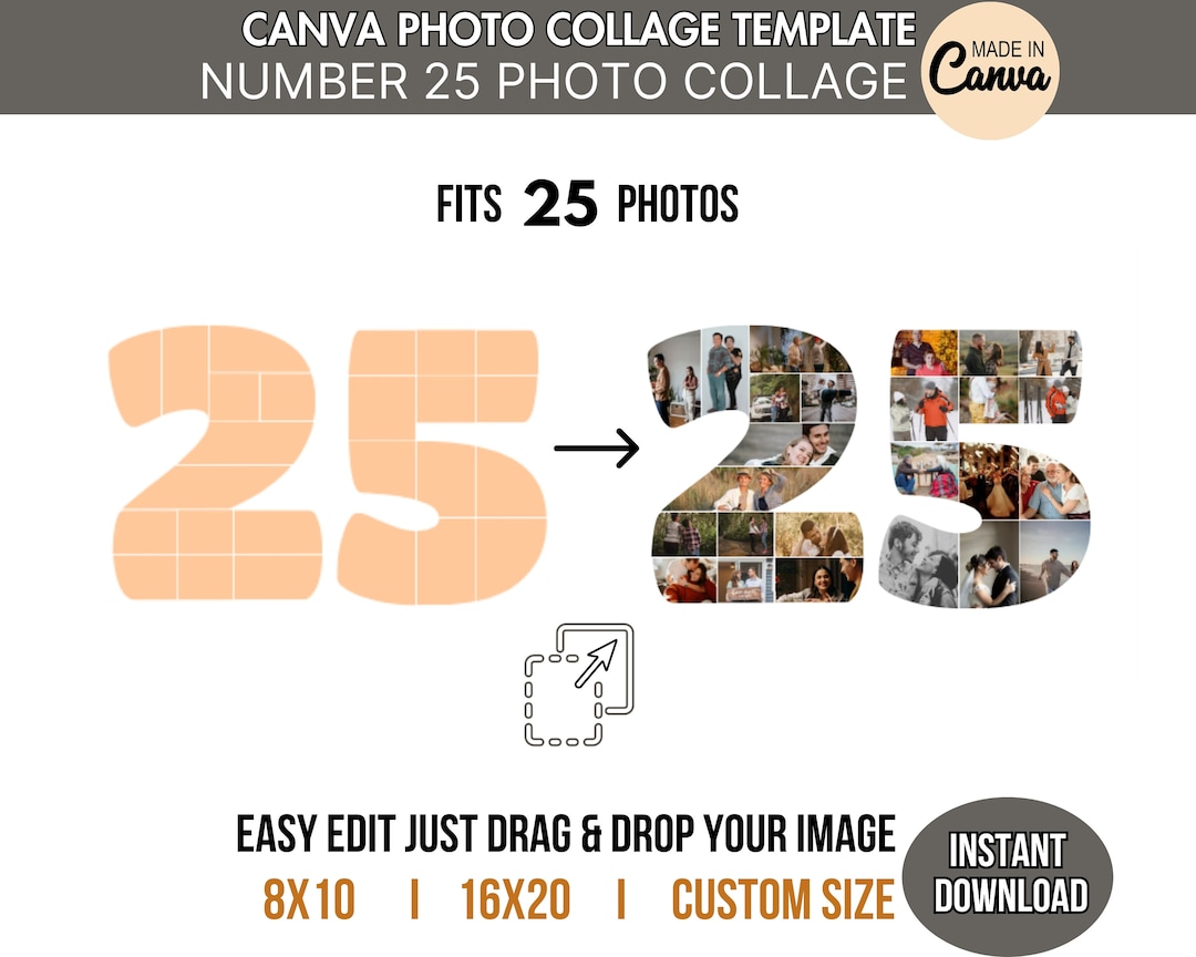 Number 25 Photo Collage Frame TEMPLATE for DIY Personalized 25th ...
