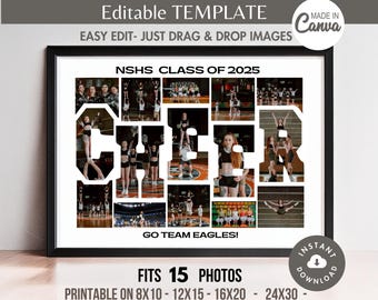 Editable 15-Photo CHEER Word Collage Canva TEMPLATE Sports Team Poster/Banner/Sign Custom DIY Senior Cheerleader Gift Customizable Frame