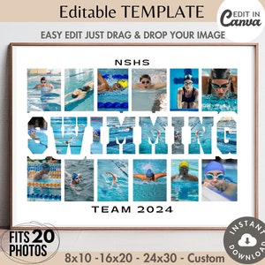 Colagem de NATAÇÃO editável de 20 fotos Canva MODELO Cartaz de time esportivo Banner Placa Design personalizado Letra DIY personalizável Imagem Grade