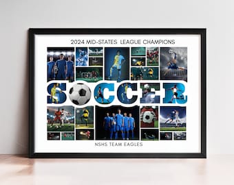 Può includere: Un collage incorniciato di foto che celebra la vittoria di una squadra di calcio. Il collage presenta la parola "SOCCER" con foto di giocatori in azione all'interno delle lettere. Il testo in alto recita "2024 MID-STATES LEAGUE CHAMPIONS" e il testo in basso recita "NSHS TEAM EAGLES".