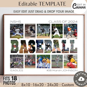 Plantilla de collage de béisbol de 18 fotos editables Canva, póster de equipo deportivo, pancarta, letrero, diseño personalizado, letra personalizable, imagen de cuadrícula