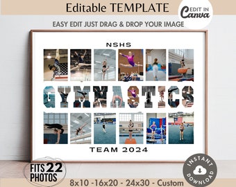 編集可能な22枚の写真を使った体操コラージュCanvaテンプレート、カスタムスポーツチームポスター/バナー、DIYパーソナライズされた体操選手コーチギフトレターピクチャーグリッド