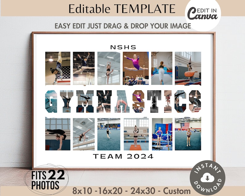 Może przedstawiać: Drukowany szablon do kolażu zdjęć zespołu gimnastycznego. Kolaż zawiera słowo "GYMNASTICS" dużymi, pogrubionymi literami z 22 miejscami na zdjęcia w obrębie liter. Tekst "NSHS TEAM 2024" znajduje się na dole kolażu. Szablon jest przeznaczony do 22 zdjęć i jest dostępny w rozmiarach 8x10, 16x20, 24x30 i niestandardowych.