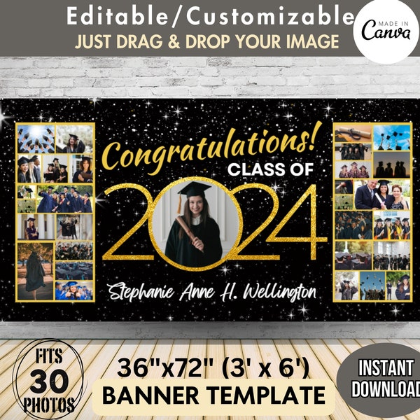 3'x6' 30-Photo Graduation Banner Collage Party Sign Gift Senior High School College 2023 Black Gold DIY Customizable Canva Template 36"x72"