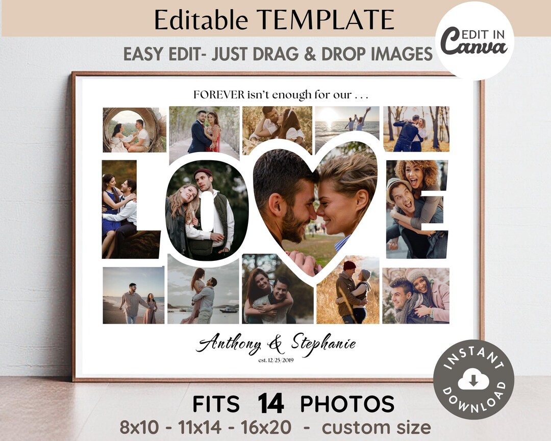 LOVE Word Photo Collage Frame Editable TEMPLATE Printable Personalized ...