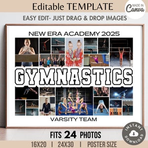 Plantilla de collage de 24 fotos editables de GIMNASIA en Canva, póster de equipo deportivo, pancarta, letrero, diseño personalizado, letras personalizables, imagen en cuadrícula