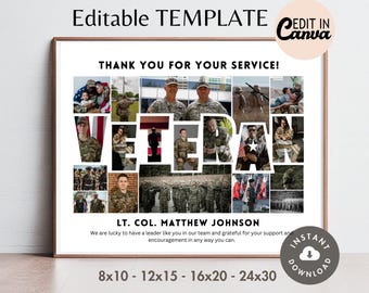 Editable VETERAN Photo Collage Frame TEMPLATE, Custom Military Appreciation Poster, DIY Personalized Memorial Day/Birthday Gift