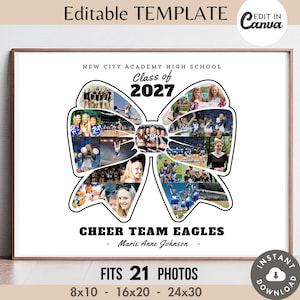May include: An editable digital template for a photo collage shaped like a cheer bow. It features the text New City Academy High School, Class of 2027, and Cheer Team Eagles. The design includes space for 21 photos and the name Marie Anne Johnson.