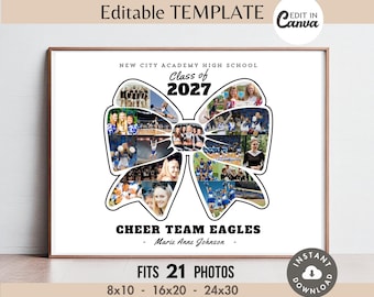 May include: An editable digital template for a photo collage shaped like a cheer bow. It features the text New City Academy High School, Class of 2027, and Cheer Team Eagles. The design includes space for 21 photos and the name Marie Anne Johnson.