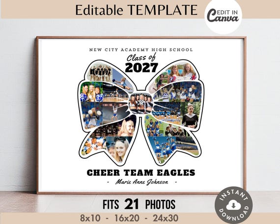 Hair Bow CHEER Photo Collage Frame Editable Canva TEMPLATE Sports Team Poster//Sign Custom Ribbon DIY Senior Cheerleader Gift Customizable
