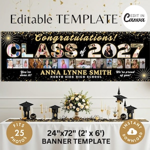 Op de afbeelding: Een zwart en goud afstudeerbanner sjabloon met de tekst Congratulations! CLASS of 2027, ANNA LYNNE SMITH en NORTH SIDE HIGH SCHOOL. Het ontwerp bevat meerdere fotovakken, gouden steraccenten en de teksten You've done it! en We're proud of you!