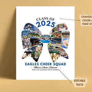 May include: A blue and white bow made of photos of a cheer squad. The text "CLASS OF 2025" is at the top of the image. The text "EAGLES CHEER SQUAD - Marie Anne Johnson - NEW CITY ACADEMY HIGH SCHOOL" is at the bottom of the image.