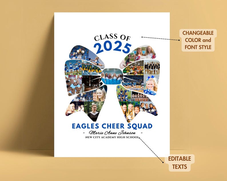 May include: A blue and white bow made of photos of a cheer squad. The text "CLASS OF 2025" is at the top of the image. The text "EAGLES CHEER SQUAD - Marie Anne Johnson - NEW CITY ACADEMY HIGH SCHOOL" is at the bottom of the image.