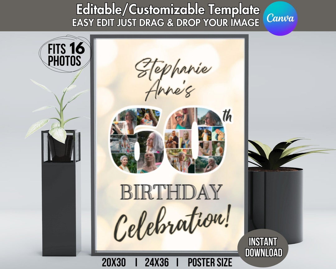 Editable 60th Birthday Welcome Sign Canva TEMPLATE Number 60 Photo ...