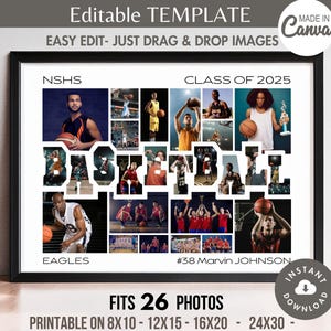 May include: A printable collage template for a basketball team. The template features a basketball design with 26 photo spaces. The text "NSHS Class of 2025" and "Eagles #38 Marvin Johnson" are included in the design.