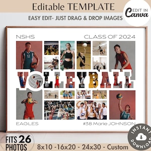 Plantilla de lienzo editable de 26 fotos de voleibol, póster de equipo deportivo, pancarta, letrero, diseño personalizado, letras personalizables, cuadrícula de imágenes
