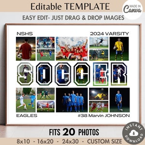 May include: A printable template for a soccer team photo collage. The template features a black and white graphic of the word "SOCCER" with 20 photo placeholders. The text "2024 VARSITY" and "#38 Marvin JOHNSON" are also included in the template.
