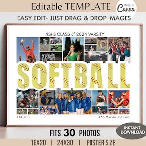 Editable 30-Photo SOFTBALL Collage TEMPLATE Printable Sports Team Poster Custom Personalized Senior Athlete/Coach Gift DIY Picture Grid 8x10