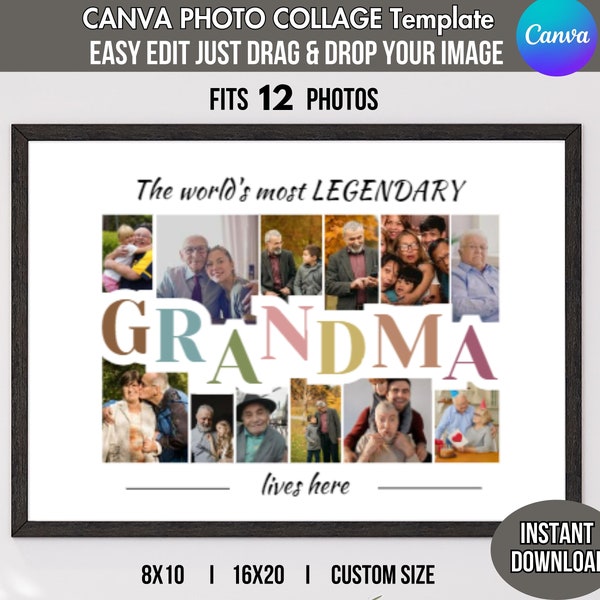 DIY 12-Photo GRANDMA Birthday Mothers Day Pic Collage Poster Printable Gift Appreciation Present Custom Editable Canva Template 8x10/16x20